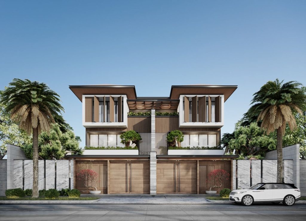 Villa song lập thiết kế đối xứng, có sân vườn và lối đi riêng