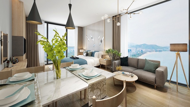 Không gian bên trong căn hộ condotel với thiết kế theo tiêu chuẩn khách sạn